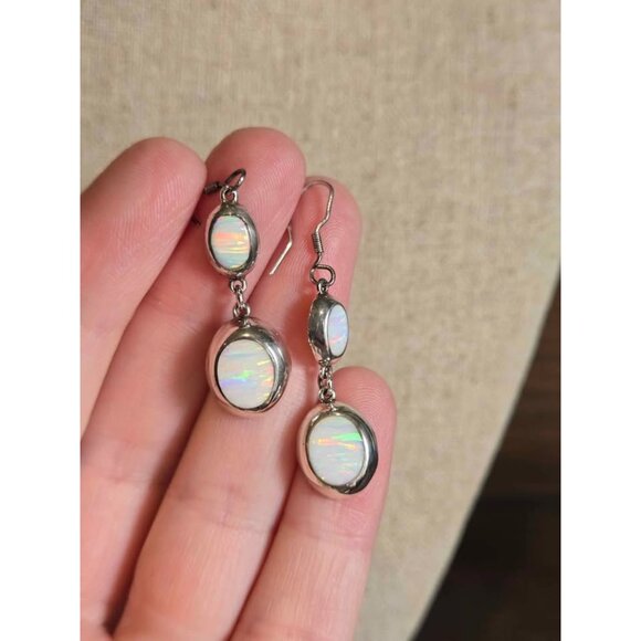 Mexico 950 Silver White Lab Opal Dangle Earrings - Picture 4 of 7